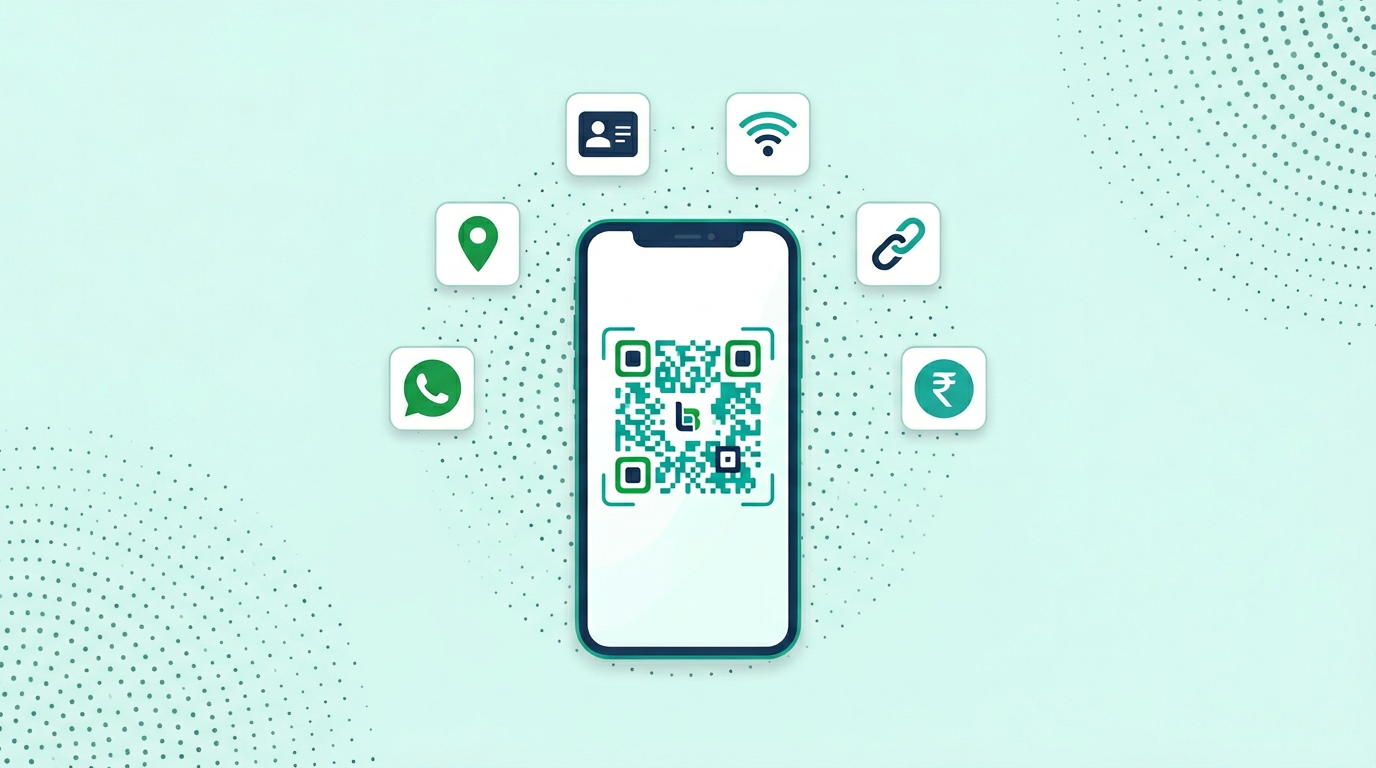 QRJee Free QR Code Generator showing a phone with a custom QR code surrounded by icons for WhatsApp, UPI, URL, WiFi, vCard and Location