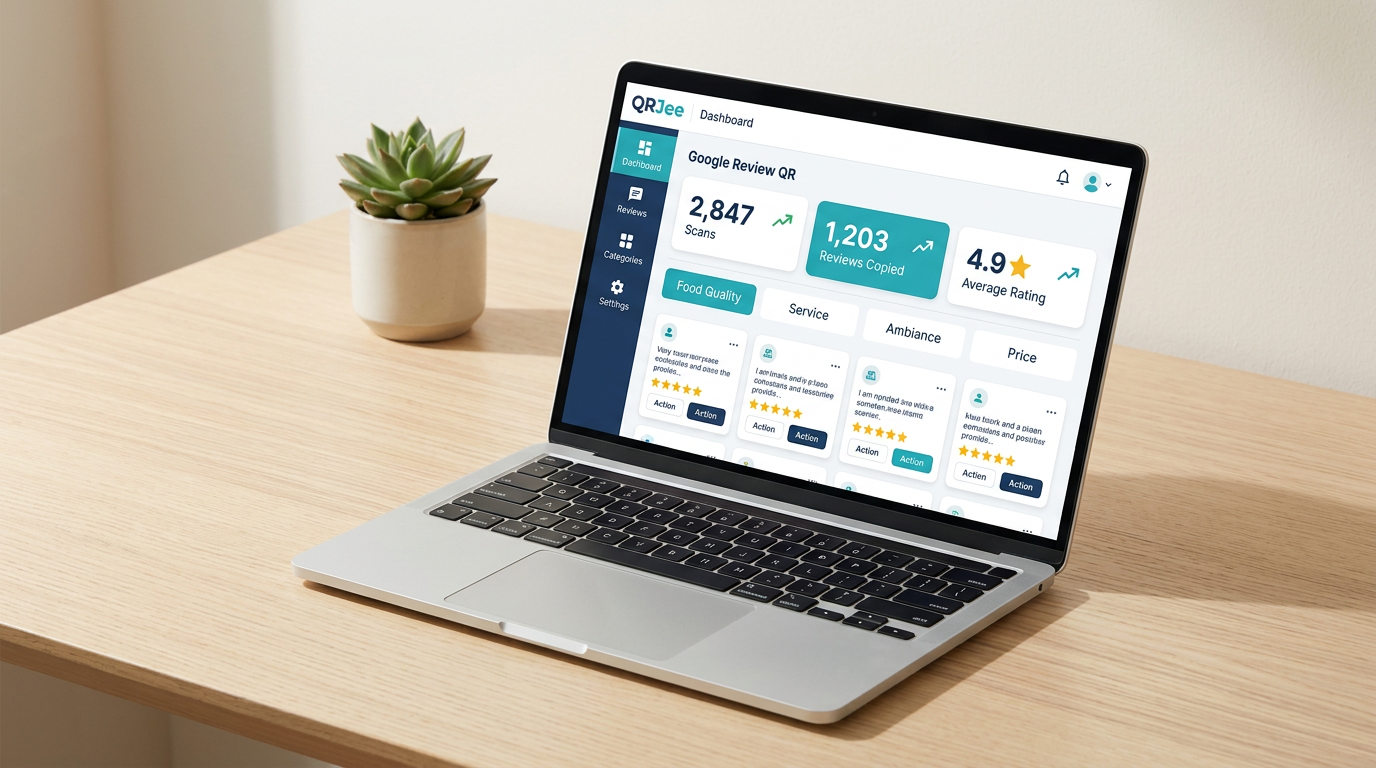 QRJee Google Review QR dashboard showing 2,847 scans and 1,203 reviews copied with category breakdown