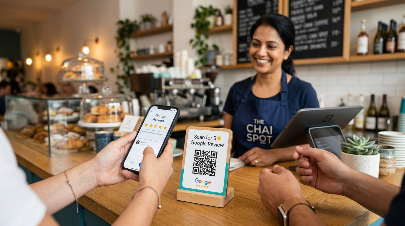 A happy customer scanning a QRJee Google Review QR code at a cafe counter while the owner smiles in the background