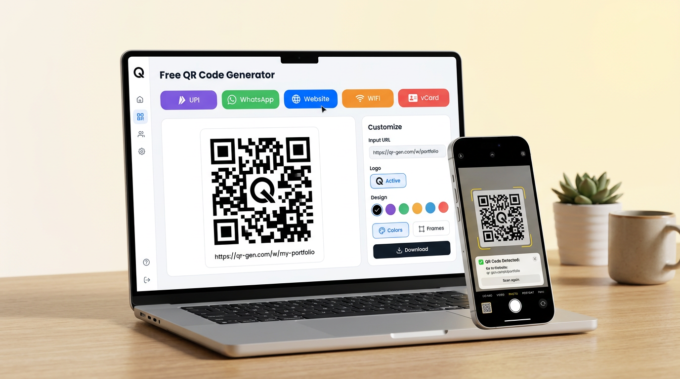 QRJee Free QR Code Generator dashboard showing UPI WhatsApp Website WiFi vCard QR code creation
