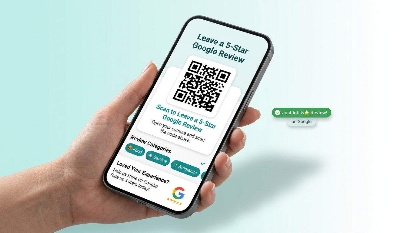 Google Review QR code displayed on a smartphone with happy customer leaving 5 star review